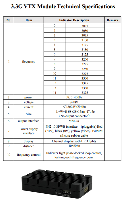 Stable Signal 3.3GHz Fpv Long Range Vtx 10W Output 3025MHz-3375MHz Frequency Range