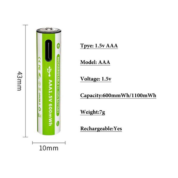 1.5V AA AAA Solid State Rechargeable 1500mAh 600mWh 1100mWh 2200mWh Type USB-C 10x43mm 1000 Cycles Battery