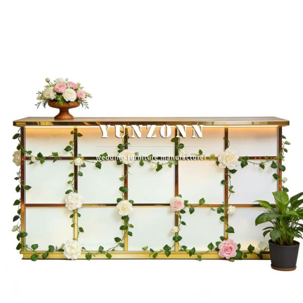 Modern Hotel Use Commercial Wedding Event Rectangle Stainless Steel Mirror Glass Bar Table Counter