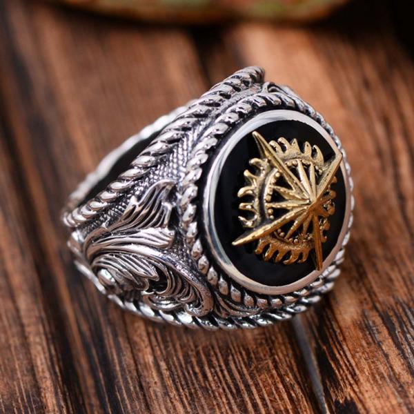 Thai Sterling Silver Brass 2 Tone Sunlight Engraved Retro Men Ring (059186)