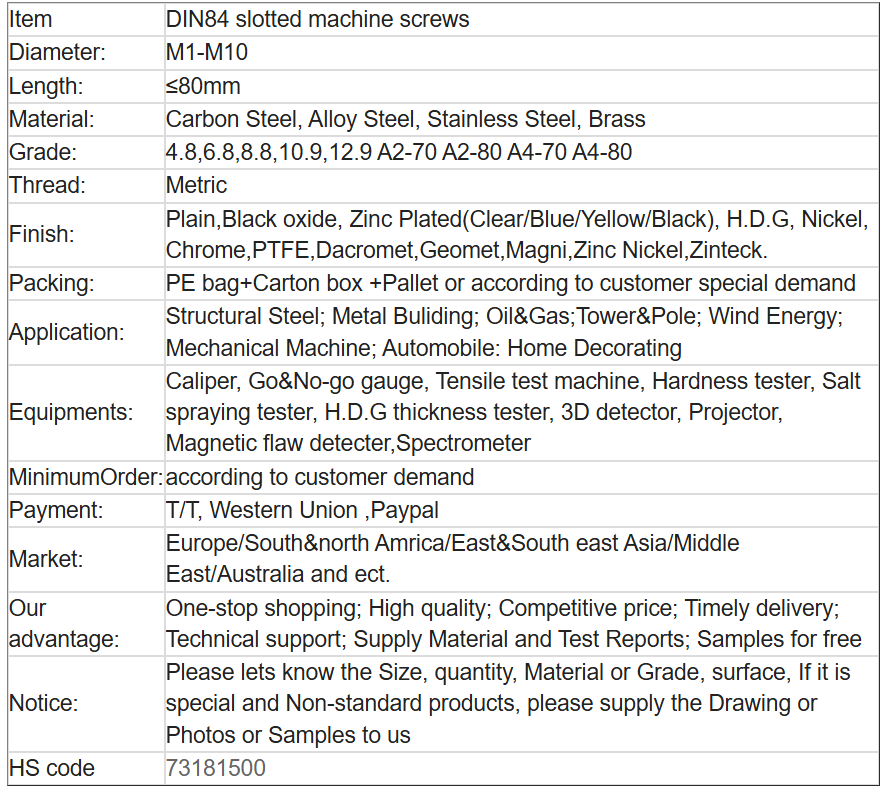 DIN84 slotted machine screws