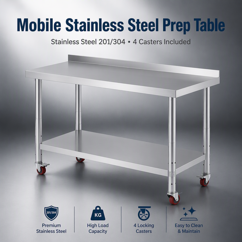 Mobile Stainless Steel Work Table with Adjustable Height and Casters for Commercial Kitchens