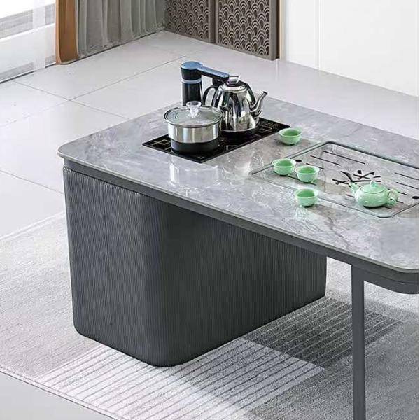 Moderno Minimalista Temperado de vidrio de acero inoxidable Fuego de piedra Mesa de café de oficina totalmente automática