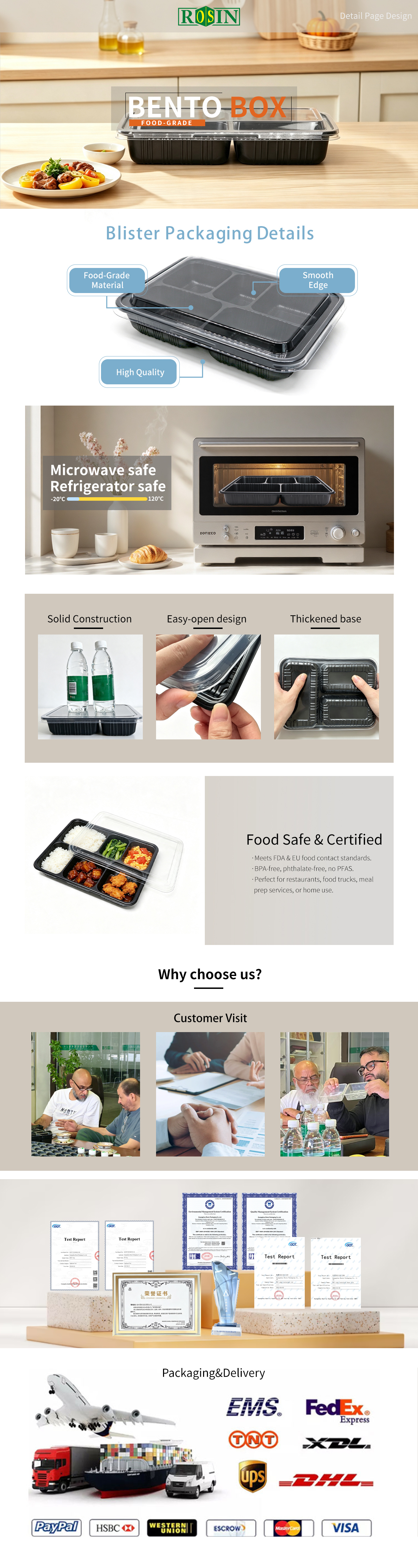 1500ml Black PP 5 Compartment Microwavable Meal Box Disposable Rectangle Takeout Bento Container for Restaurant with Clear Lid