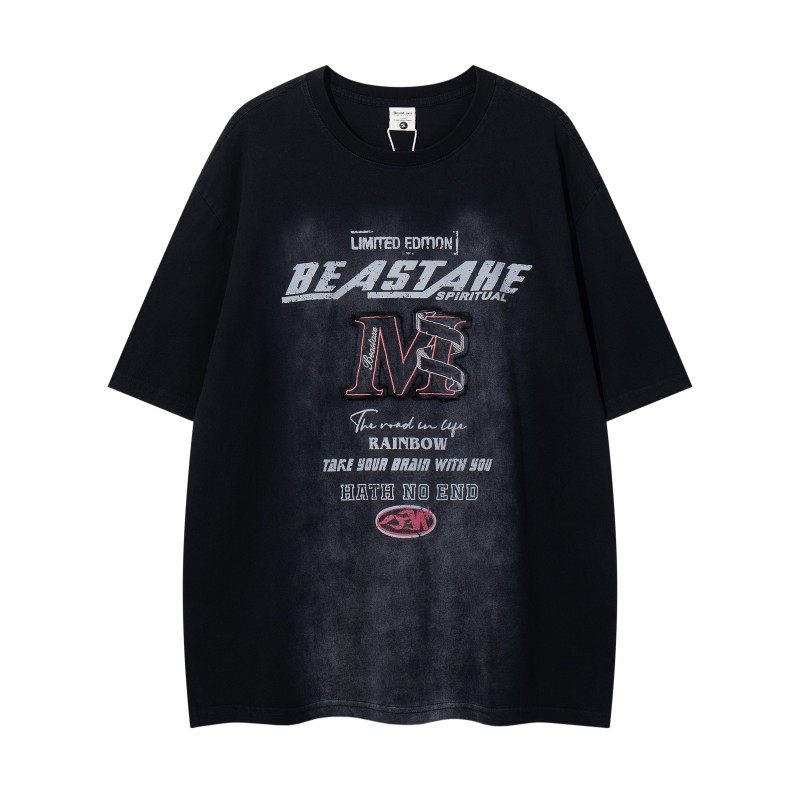 Retro Gradient Red Knitted 100% Cotton Breathable T-shirt for Men with Letter Pattern Short Sleeve Oversized Fit Washed and Worn