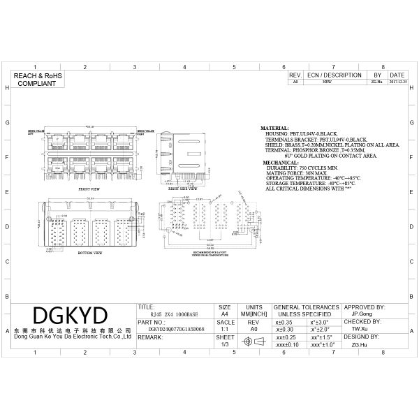 Custom Dual Deck 2x4 RJ45 Connector with Cat6 Speed Performance and Side Entry Mount