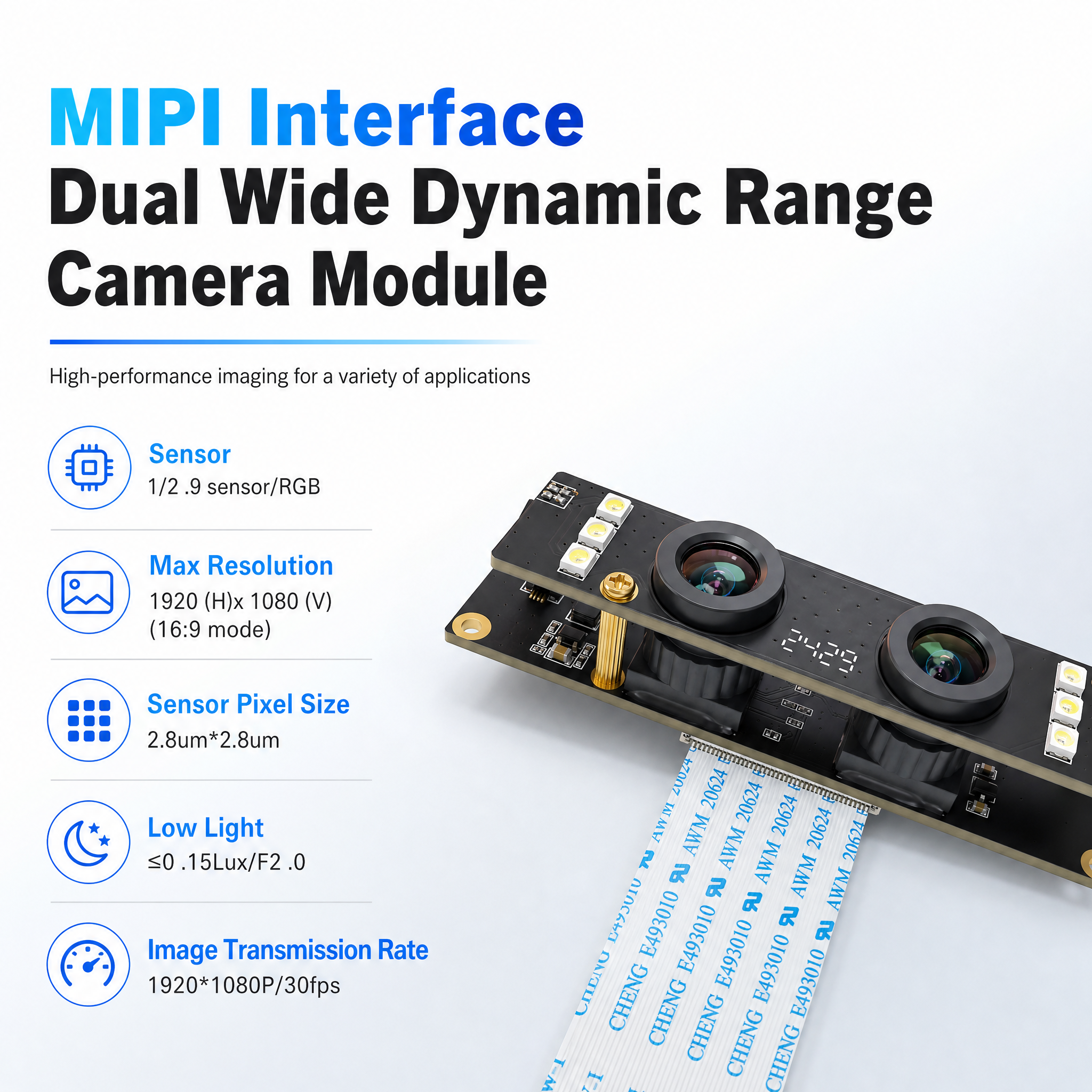 JP-ZI16-90 REV2.0 Dual-Lens 2MP MIPI Wide Dynamic Range Camera Module