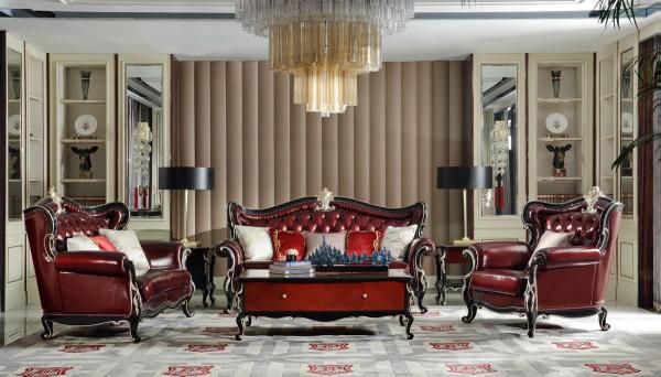 New Classical French Sofa in Glossy Solid Wood frame with Leather upholstered 1+2+3 Living Room Furniture Factory direct