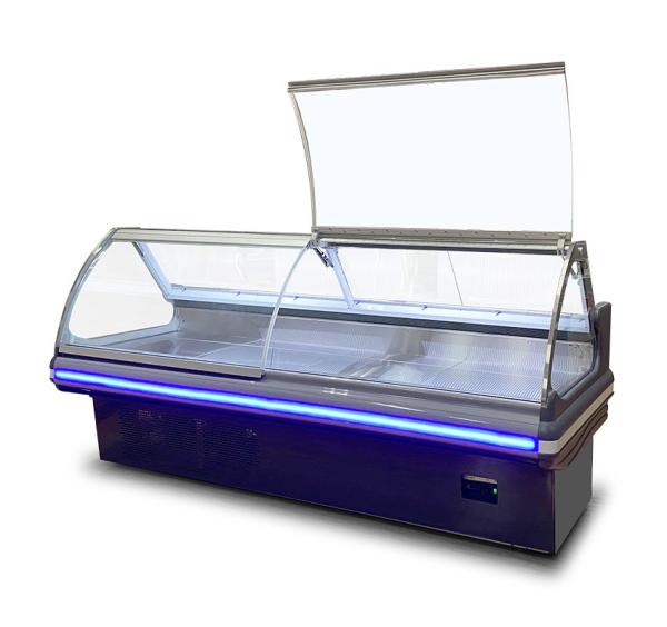 Curved Glass Horizontal Commercial Storage Display Fresh Meat Storage Freezer Fridge