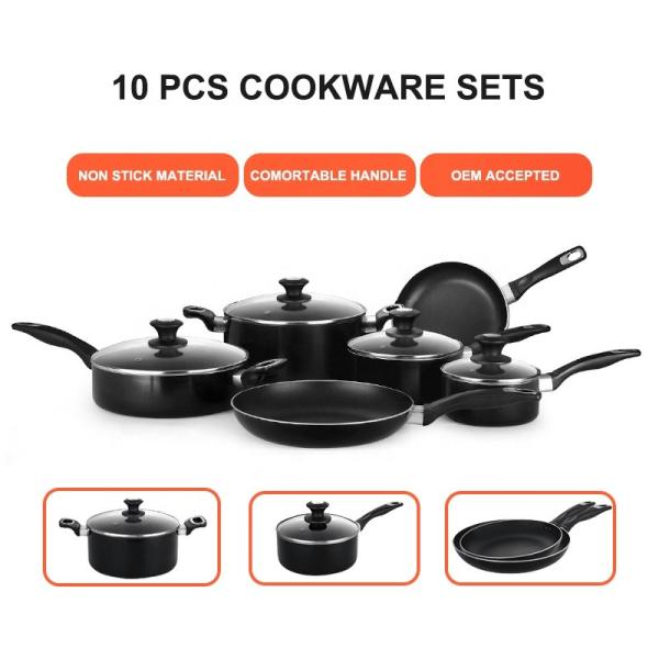 Hot Sale 10 Pcs Aluminum Cooking Pot Set Custom Pots And Pans Cookware Black Nonstick Cookware Sets With Glass Lid