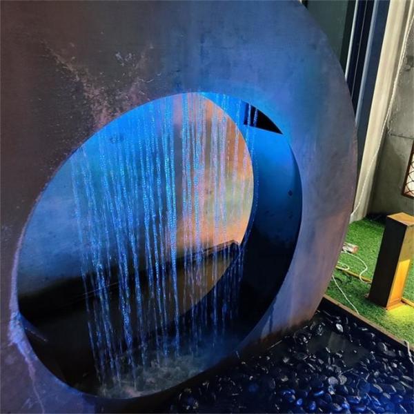 Round Waterfall Corten Steel Landscape Water Feature Fountain With LED Light