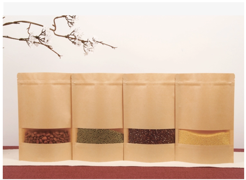 Heat Seal Kraft Paper Ziplock Stand Up Pouch With Clear Window