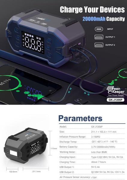 Outdoor J1206P Car Jump Starter with Air Inflator and 20000mAh Power Bank Capacity