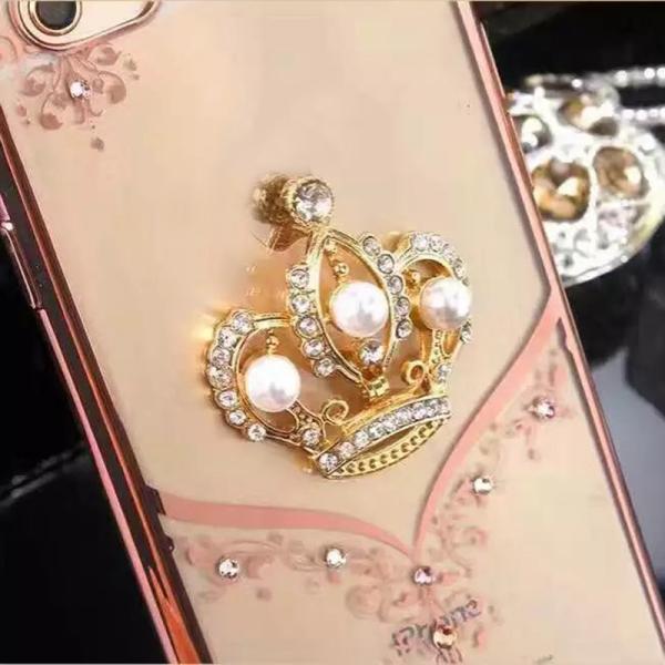 Plating TPU Flower Pattern Diamond Pearl Crown Bracket Cell Phone Case For iPhone 7 6s Plus