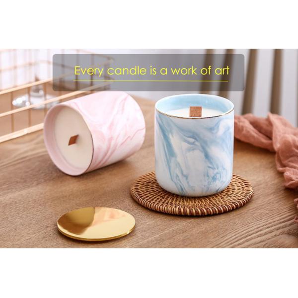 Luxury Home Scented Candles Ceramic Marble Wooden Wick Candle Jars With Metal Lids