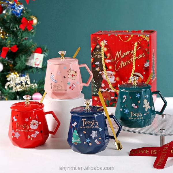 Christmas Gift Ceramic Mugs with Spoon 400ml Reusable Porcelain Coffee Cup Decoration