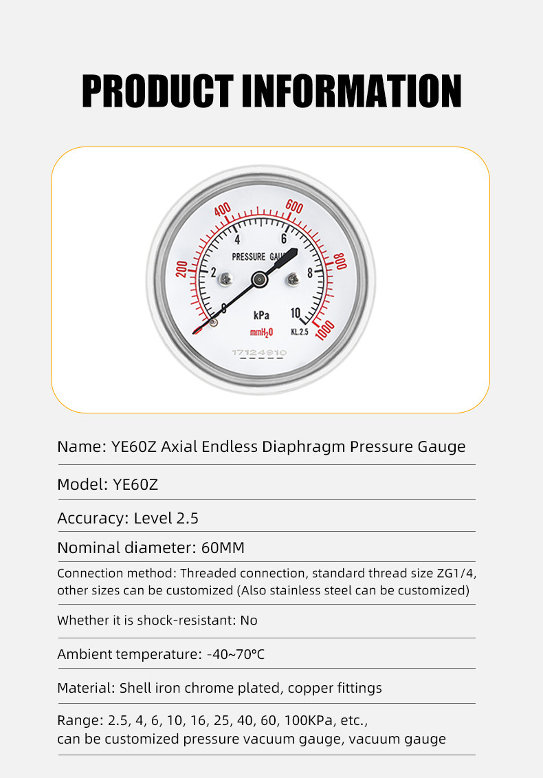 Customized Support OEM 2.5 Inch 65mm Diaphragm Manometer 16kpa Micro Pressure Gauge