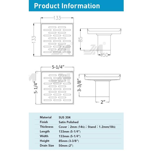 5.25 Inch Modern Square Shower Drain Stainless Steel 304 Material With Removable Grate