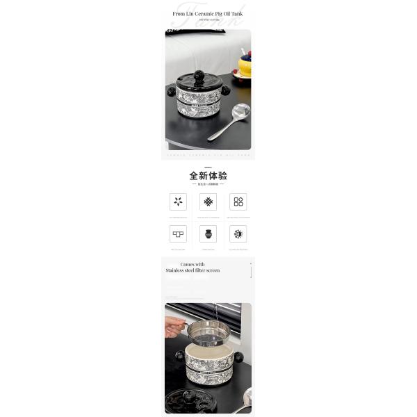 Stainless Steel Strainer Nordic Style Ceramic Bowl for 1000ml Lard-Filled Kitchenware