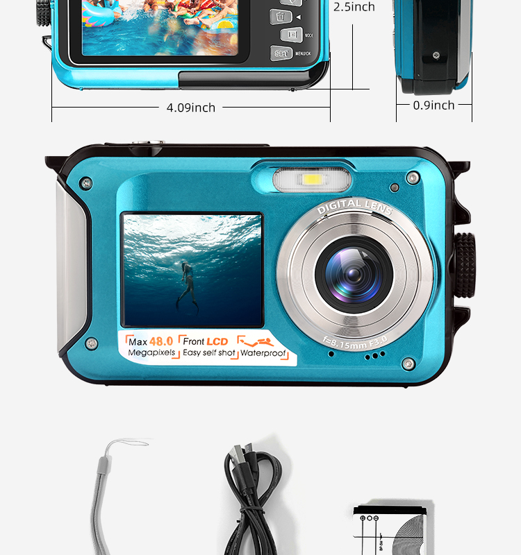 2.7K  Waterproof Camera 2.7+1.8 Inch Screen 16X Digital Zoom 13FT Underwater Anti-Shake Snorkeling Swimming and Diving Camera