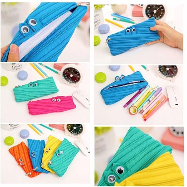 Cute Cartoon Canvas Pencil Pouch With Zipper , Big Eyes Monster Kids Pencil Bag