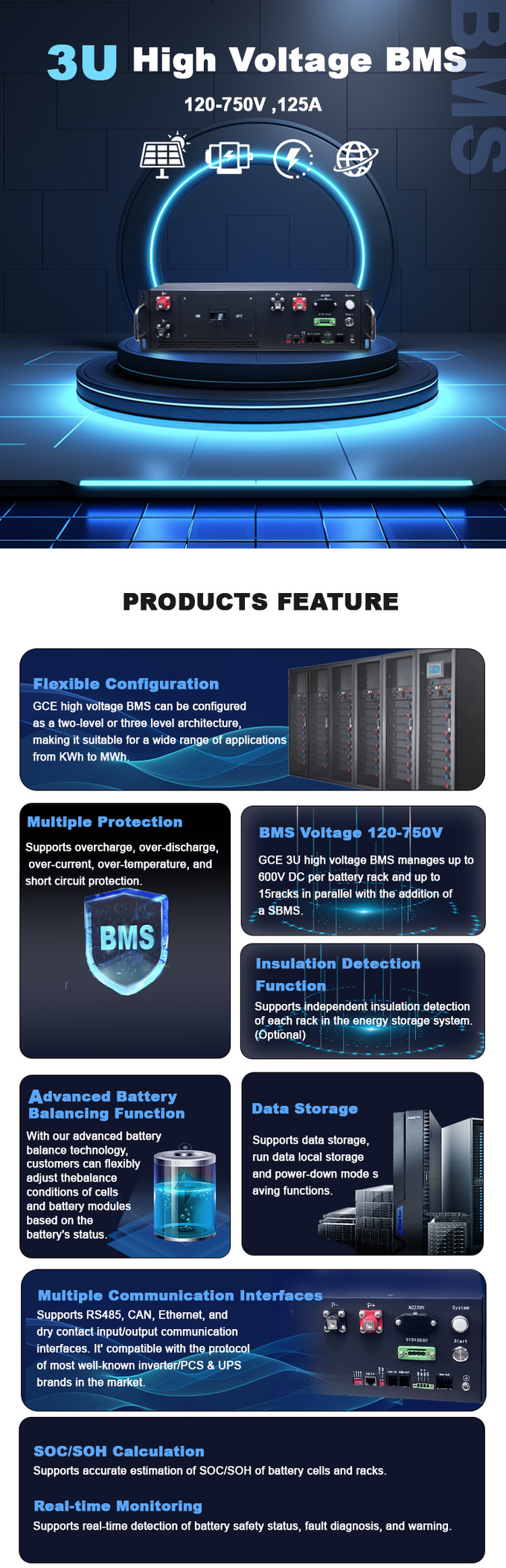 Высоковольтный литийный аккумулятор BMS125A 260V-750V марки GCE с связью CAN для хранения энергии аккумулятора