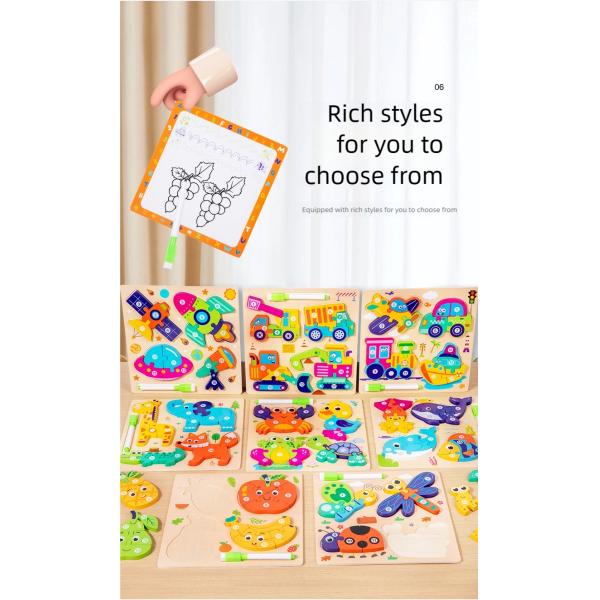 Montessori 4-in-1 Children's Wooden 3d Puzzle Early Education Cartoon Jigsaw With Drawing Board Certified En71 Games for Boys