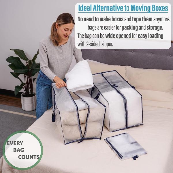 Heavy Duty Extra Large Clear Moving Bags W/Backpack Straps Strong Handles & Zippers, Storage Totes For Space Saving