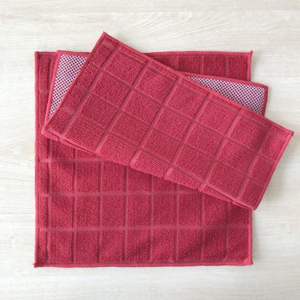 Hot saled red grid 100% polyester square micrfiber small towels with white mesh for house keeping