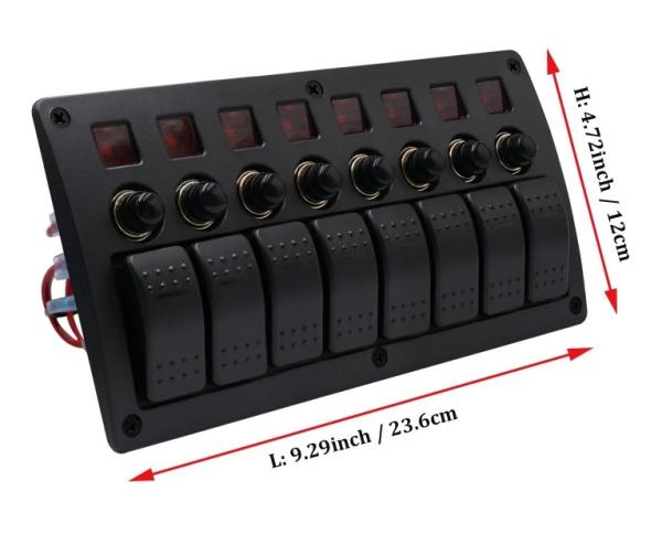 On Off Aluminium Rocker Switch Panel Waterproof 8 Gang 3 Pin Circuit Breaker Overload Protection