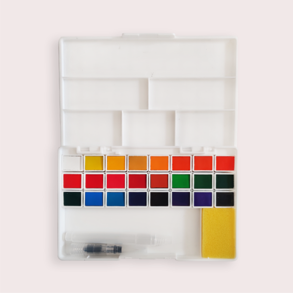 Best selling OEM superior quality kids art 24 colors water-based solid transparent watercolor paint set with brush pen