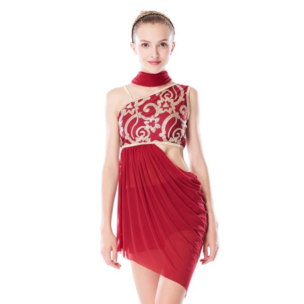 MiDee 3 Pieces Lyrical Dance Wear Outfits Floral Sequin High-Low Dress with Scarf and Headband