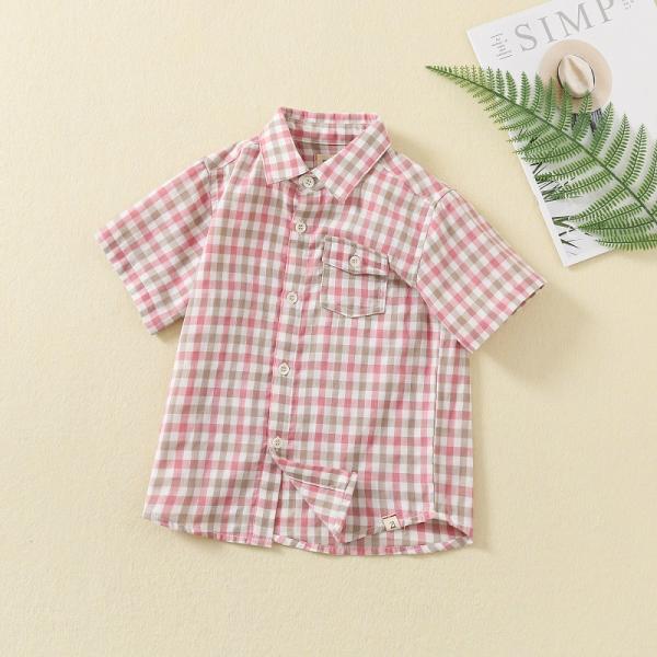 High quality clothing boys plain tops design children shirts Preppy Style cotton fabric short sleeves plaid shirt