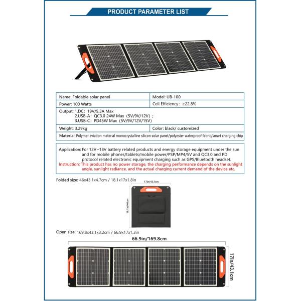 100W Portable Foldable Solar Panel for Energy Storage System 29kg DC Output 19V/5.3A