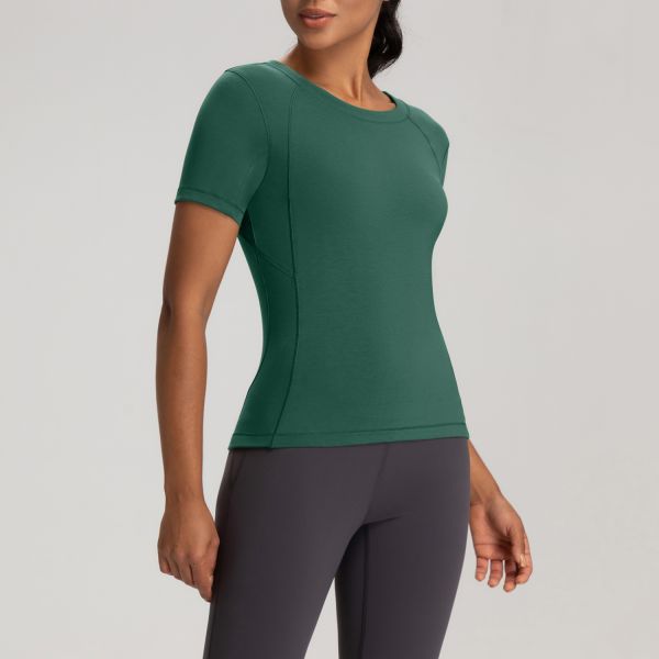 Short Sleeve Women's Athletic Top Yoga Activewear Slim Fit Moisture Wicking Olive Green
