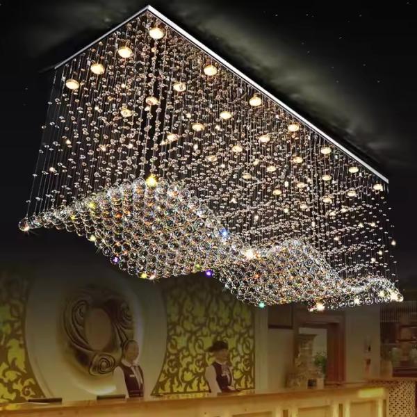 Customized Modern Living Room LED Wave Rectangular String Crystal Lamp Hotel Engineering Crystal Hanging Chandeliers