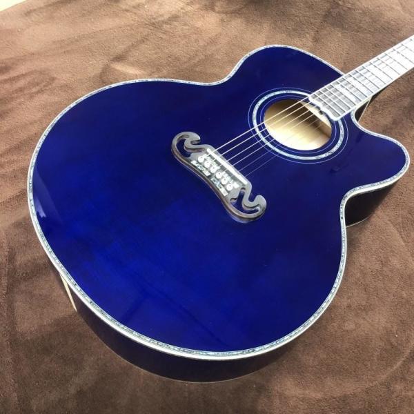 Custom 43 Inch Sky Blue Lacquered Solid Wood Polished Jumbo Flamed Maple Back Side Cutaway Acoustic Guitar