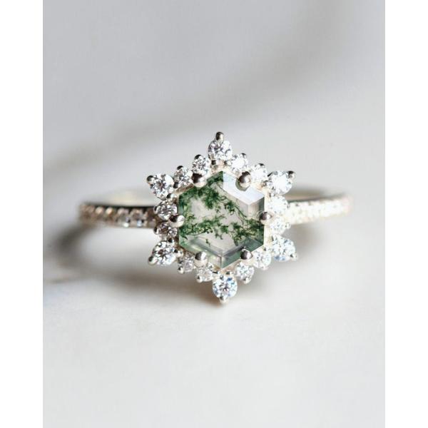 Snowflake Hexagon Moss Agate Ring with Moissanites for Women