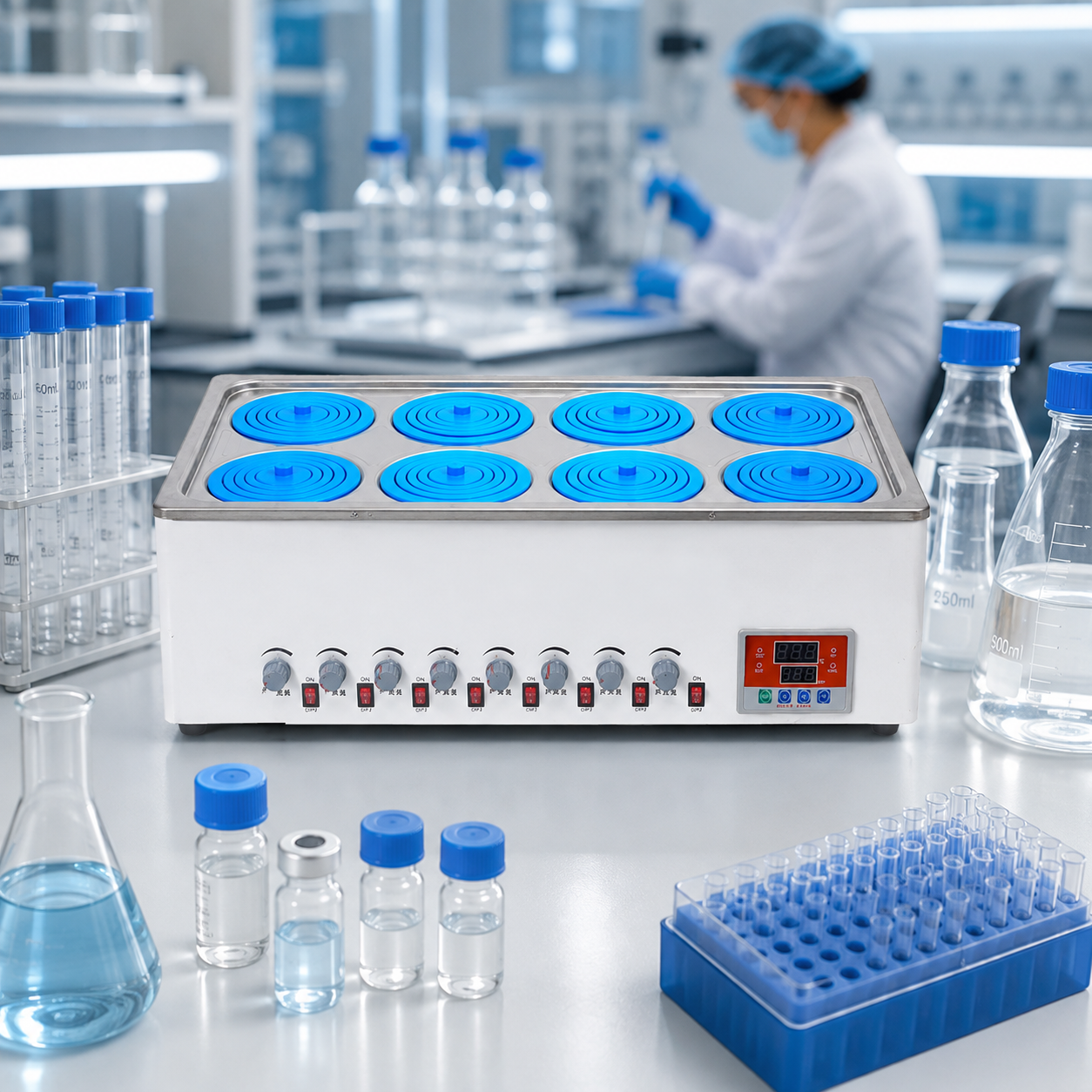 Cenlee OEM 8-Position Magnetic Stirring Water Bath 100°C 1500W for Laboratory Sample Mixing Chemical Research