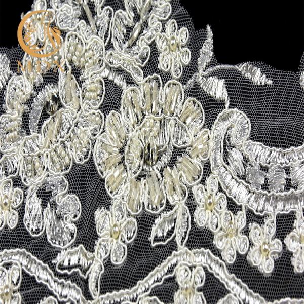 Edging White Beaded Lace Trim Hand Sewing 91.44 cm With Rhinestones