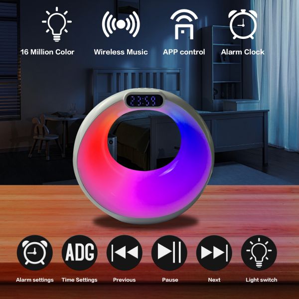 Table Lamp Alarm Clock Sunrise Wakeup Bedside Wireless Bluetooth Speaker 4-in-1 Night Light Multifunction Home Decor