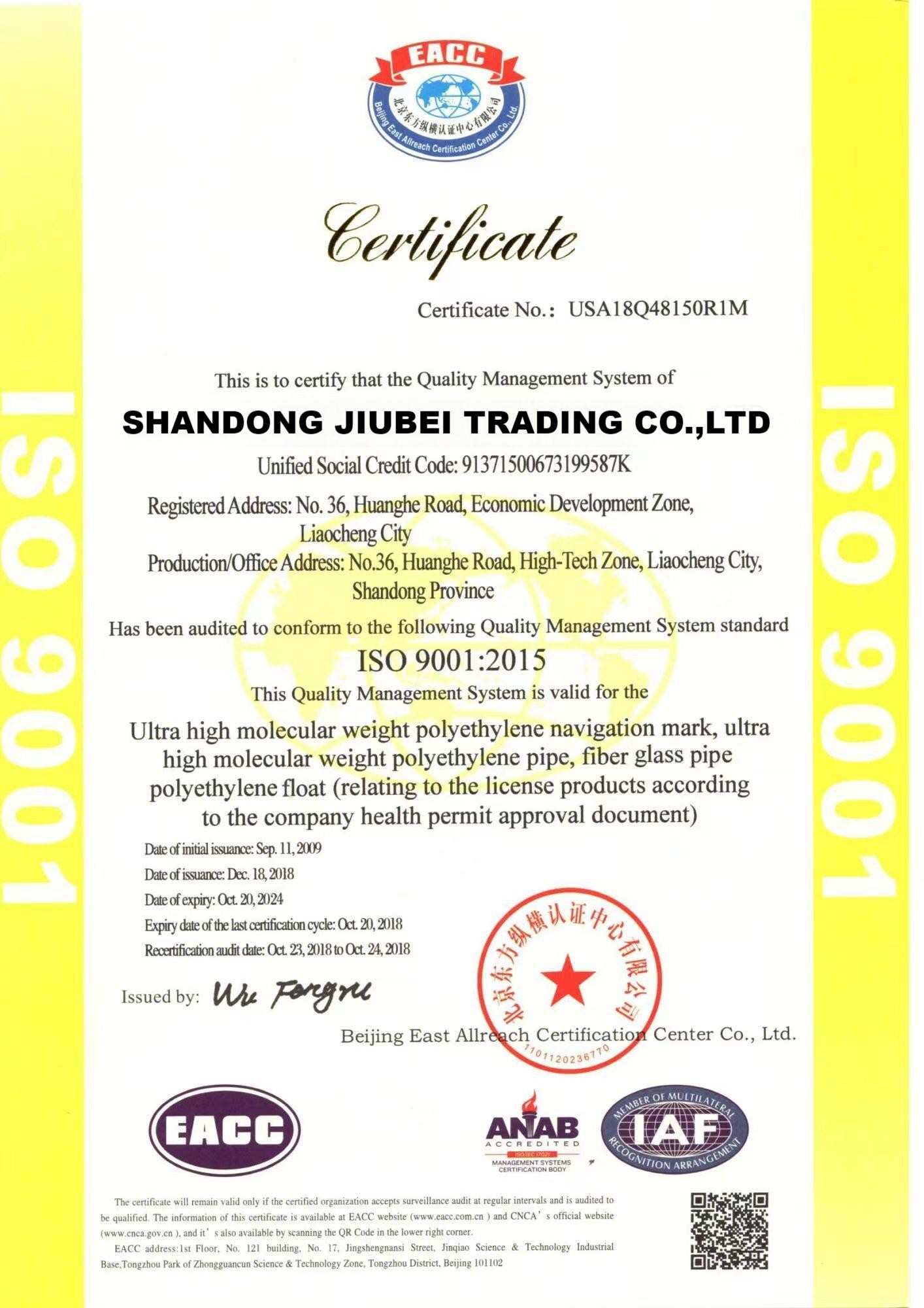 Shandong Jiubei Trading Co., Ltd Сертификации