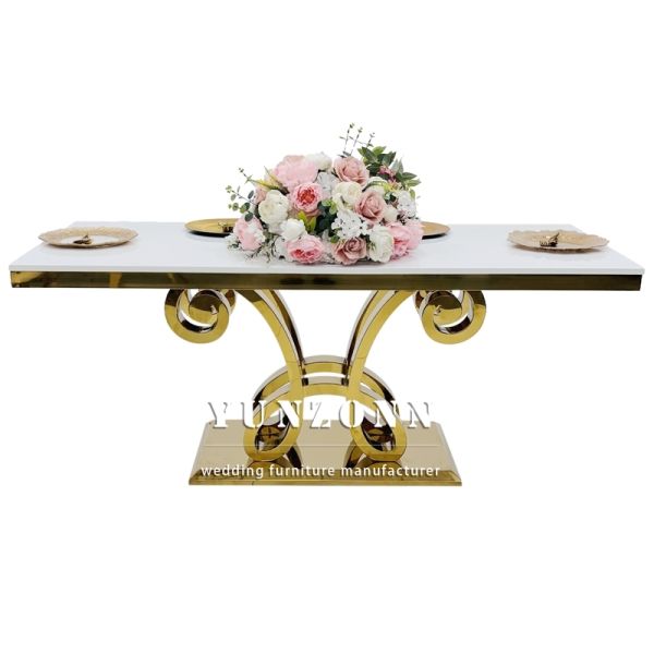 New Design Luxury Rectangular Glass Top Gold Stainless Steel Wedding Table for Party Used
