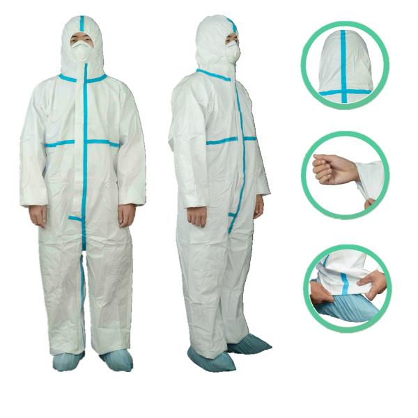 Type 4B Anti Static Blue Tape Disposable Chemical Protective Coverall With Hood