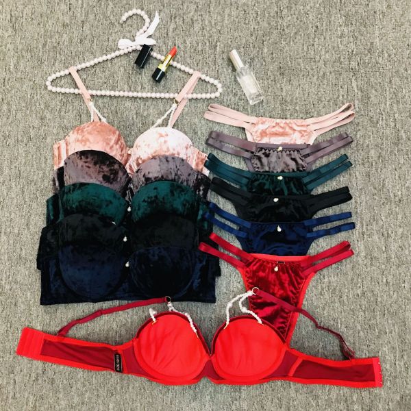 Foreign Trade Wholesale Underwear Women's Bra Underwire Velvet Bra Set Pearl Decoration Bra Underwear Panty Set