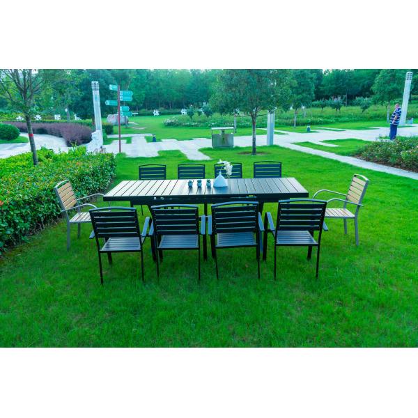 Black 11 Pieces Plastic Wood Modern Outdoor Garden Furniture Table Set 8-10 Seater Extendable Patio Dining Table Chairs