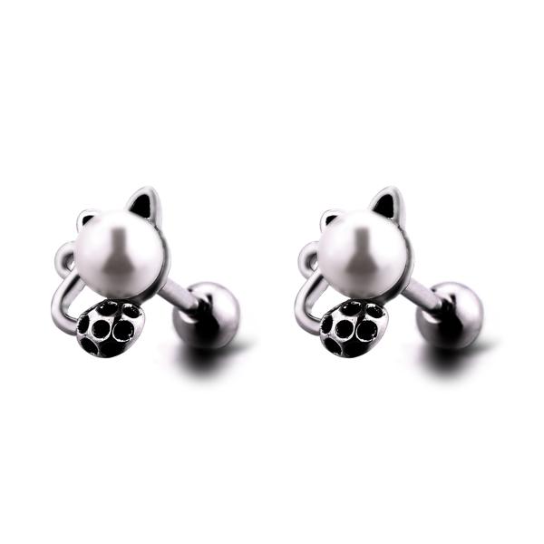 Unique cat shaped pearl stud earrings stainless steel piercing jewelry on hot sale