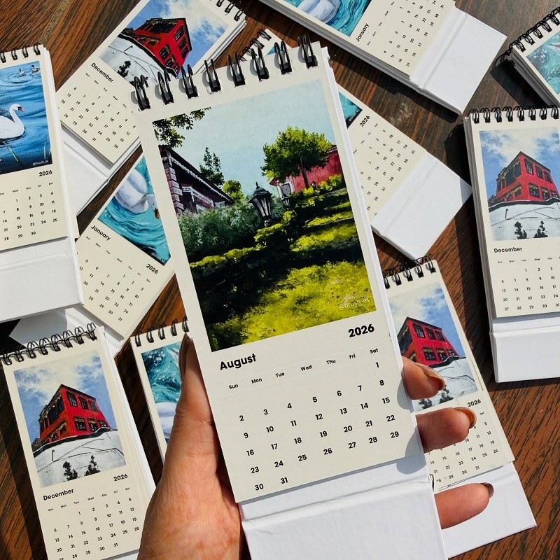 Fine Art Illustrated Vertical Desktop Stand-Up Calendar With Wire-O Binding