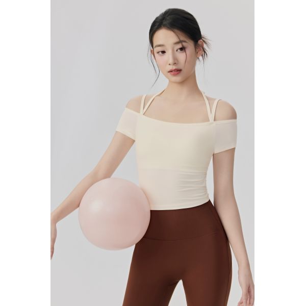 Off Shoulder Short Sleeve Yoga Top with Double Strap Design, Soft Breathable Fabric in Light Pink for Workout and Fitness