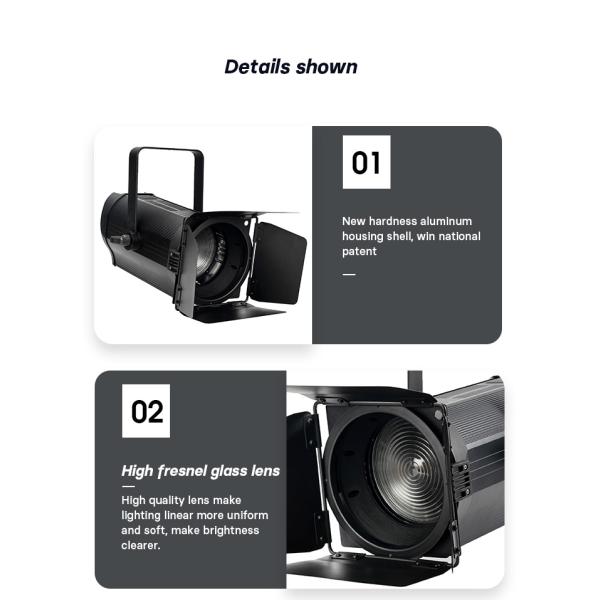 200w Fresnel Spot Theater Stage Lighting 3200k+5600k Fresnel Lights Black Housing Shell